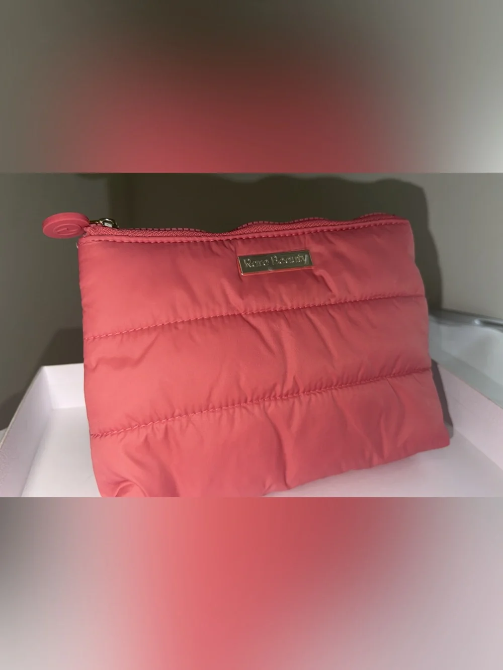 New,unused & authentic Rare Beauty Coral Pink Quilted Cosmetic Bag with samples